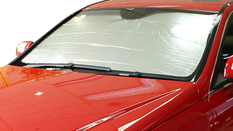 Our Silver Series windshield sun shade. These car window shades are silver on the outside and white on the inside.