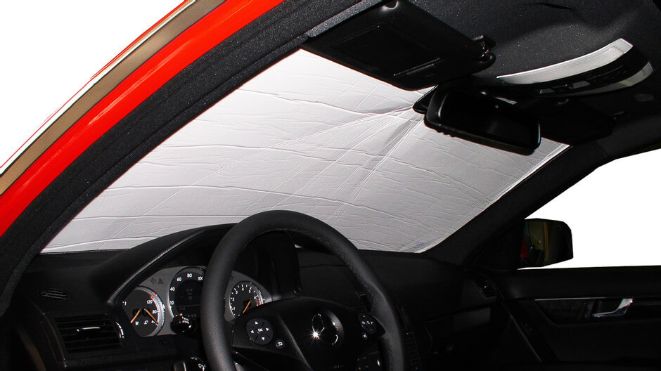 Our Silver Series windshield sun shade. These car window shades are silver on the outside and white on the inside.