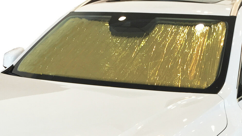 Our Gold Series windshield sun shade. These car window shades are gold on the outside and black on the inside.