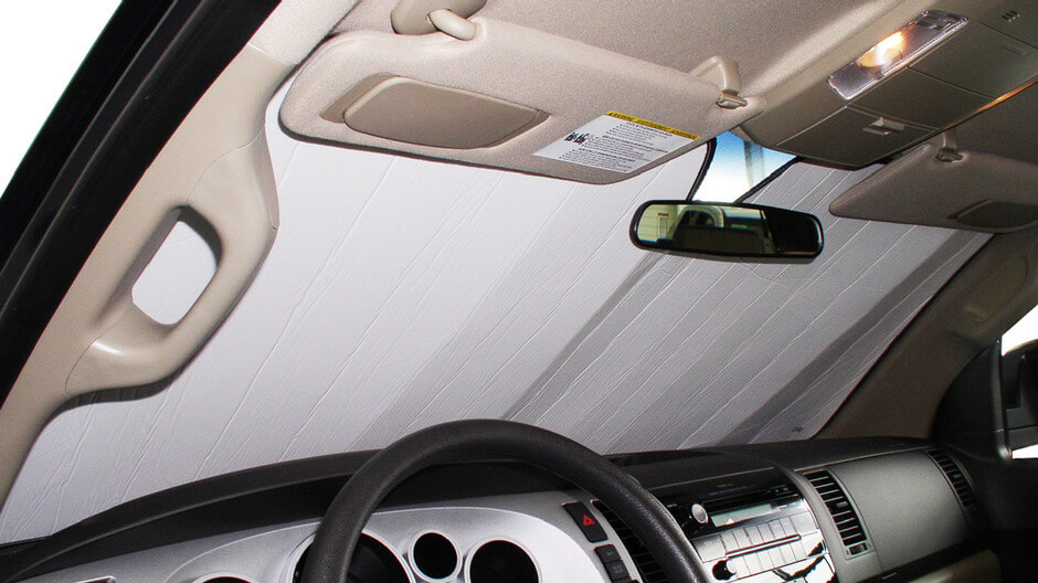 Our Silver Series windshield sun shade. These car window shades are silver on the outside and white on the inside.