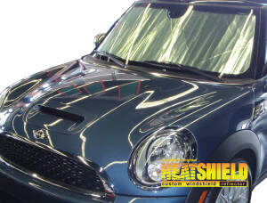 Heatshield Windshield Sun Shade for 2011, 2012, 2013, 2014 Mini Clubman (exterior view)