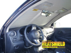 Heatshield Windshield Sun Shade for 2018 Nissan Versa (interior view)
