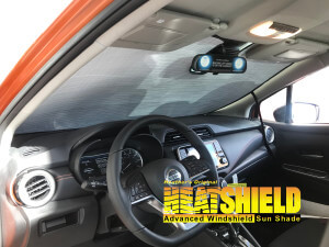 Heatshield Windshield Sun Shade for 2021 Nissan Versa (interior view)
